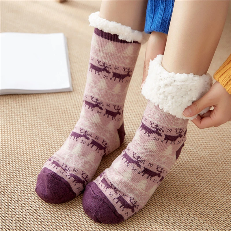 

7 Style Elk Print Plush Women Floor Socks Christmas Plus Velvet Autumn Winter Long Socks Sleepwear Female Non-Slip Thermal Socks