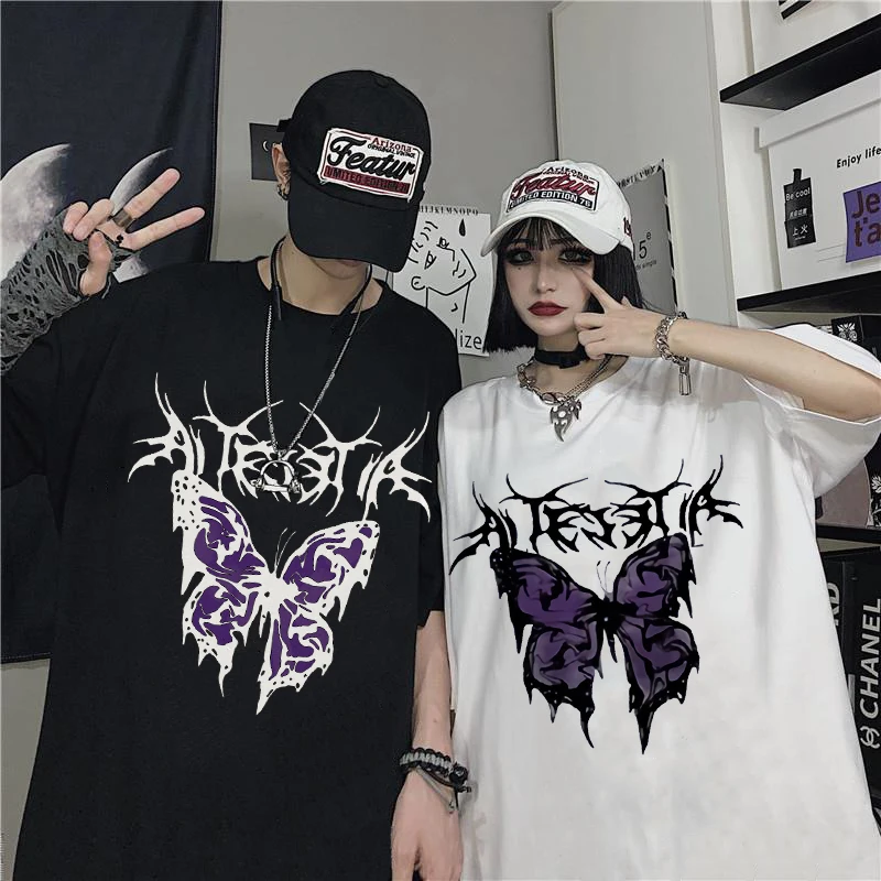 

T Shirt Punk Oversized Butterfly Harajuku Dark Tops Male Fashion Swag Aesthetic Unisex Hip hop Gothic T-shirts Streetwe