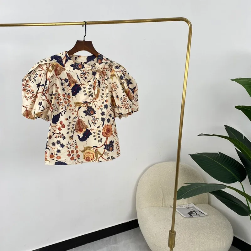 

Женская винтажная блузка с круглым вырезом, Элегантная короткая блузка с цветочным принтом и рукавами-фонариками, лето 2021