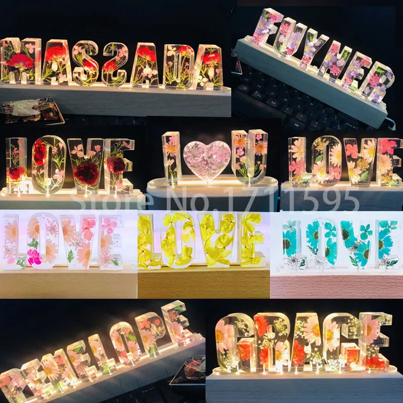 

Customized Creative Dried Flower A To Z 26 Letters Number 0-9 Wood Night Light Romantic Couple Valentine Day Kid Birthday Gift