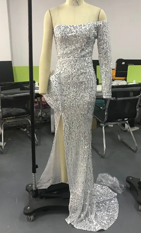 Женское платье с блестками вечернее однотонное платье-Русалка Макси вырезом