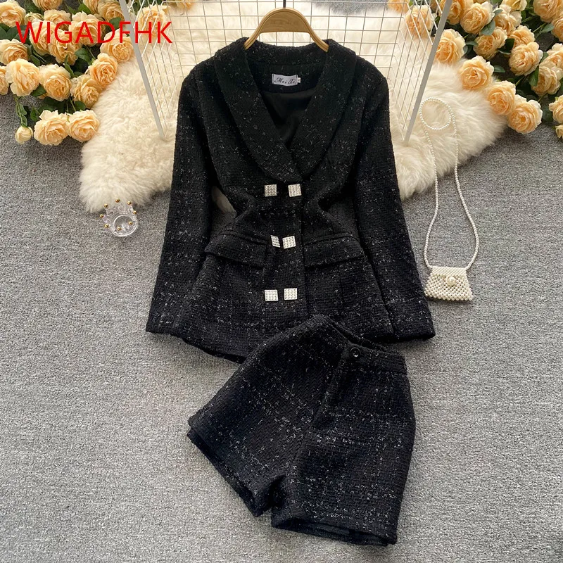 

High Quality 2021 Autumn And Winter Elegant Women's Tweed Suit Plaid Tweed Casual Suit Jacket High Waist Shorts Two-piece Suit