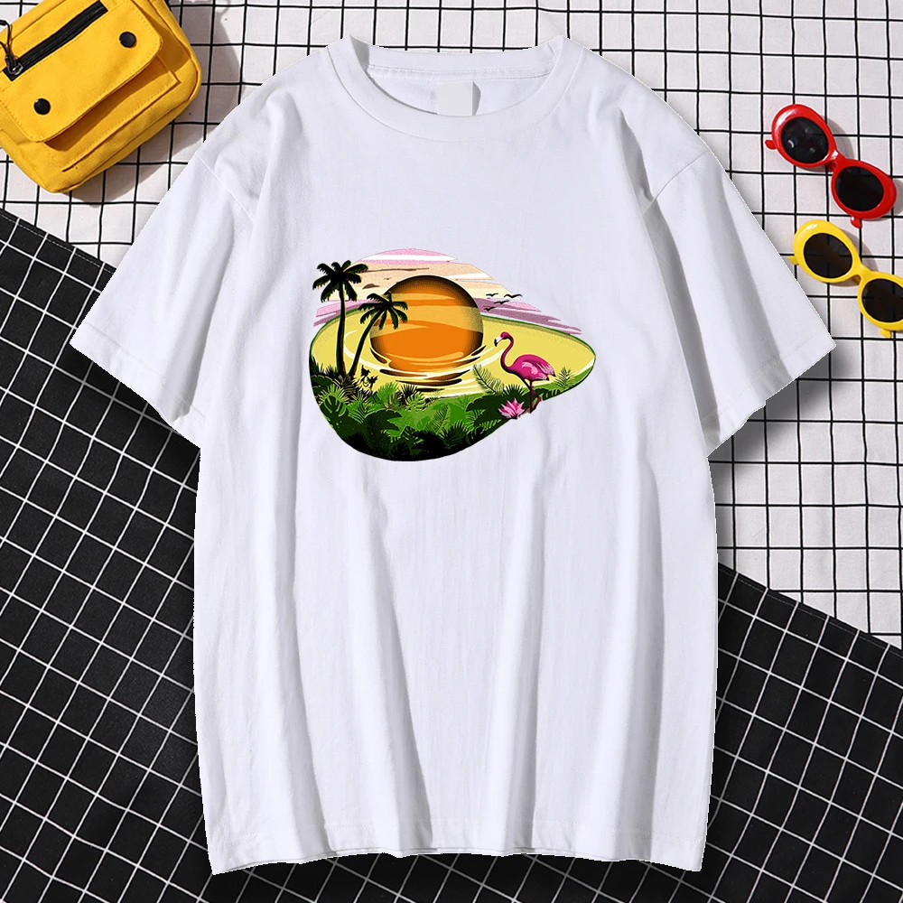 

Fashion Loose Tops Summer Avocado Flamingo Cartoons Harajuku Print Tshirts Mens Crewneck Hip Hop Streetwear Kohpweran