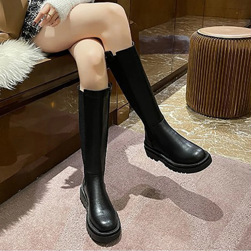 New Women Knee High Boots Winter Luxury Chelsea Boots Platform Shoes Fashion Chunky Heel Long Boots Zipper Round Toe Women Shoes