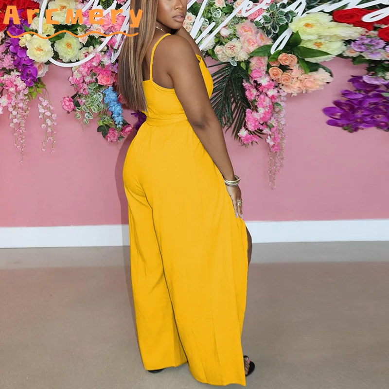 

Women Oversize Spaghetti Strap V-neck Slit Wide Leg Jumpsuits