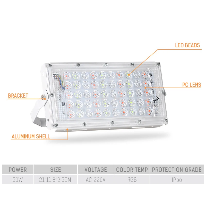 50W LED Flood Light 220V RGB Remote Control Spotlight Waterproof IP66 Outdoor Garden Street Lighting Reflector Cast Floodl | Лампы и