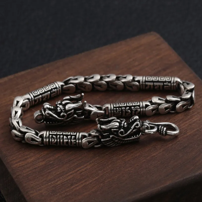 Мужской браслет из чистого серебра 100% пробы с тайским серебряным драконом|Гибкие