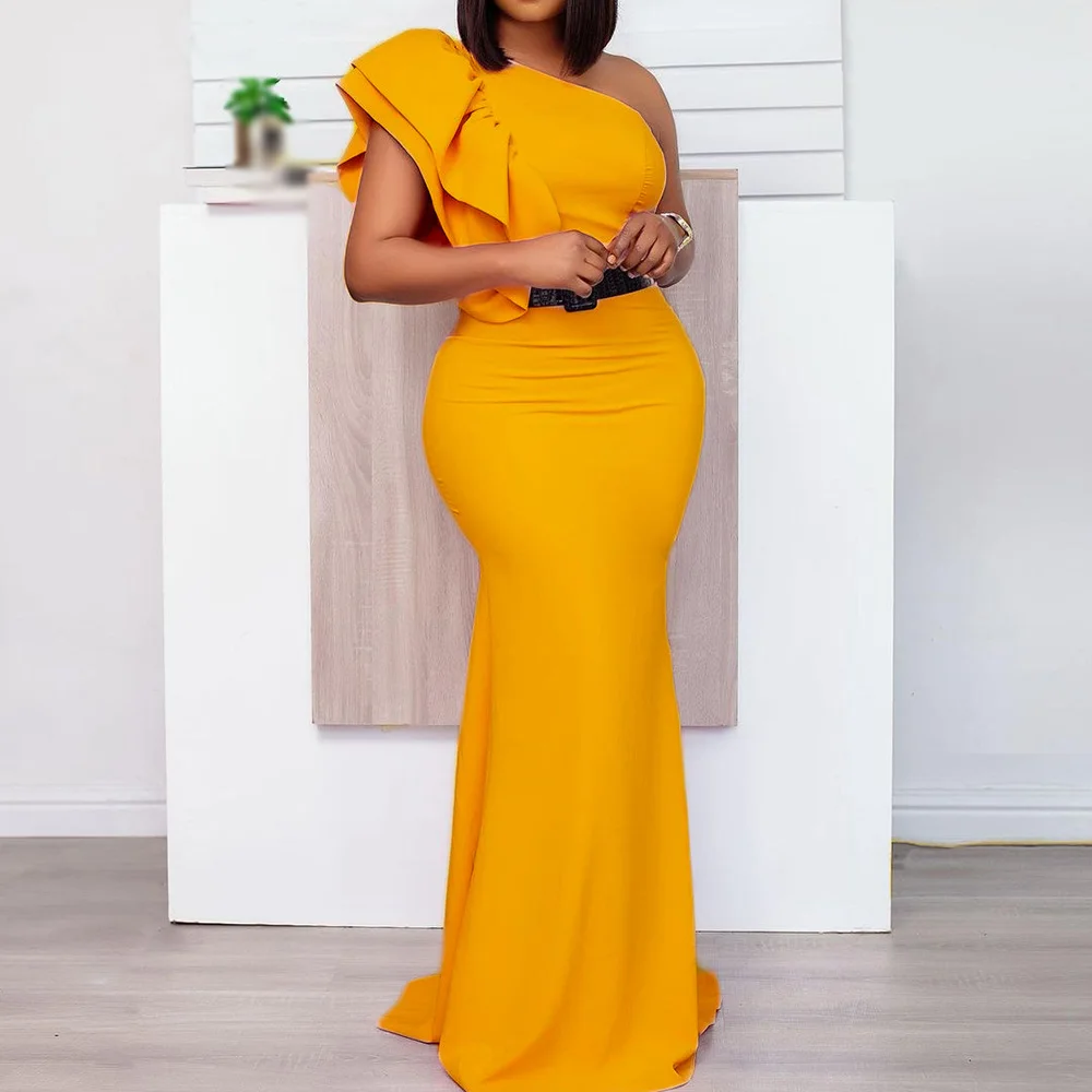 

summer ruffle sleeve women dress mermaid african yellow one shoulder long maxi femme vestiods elegant party christmas trumpet