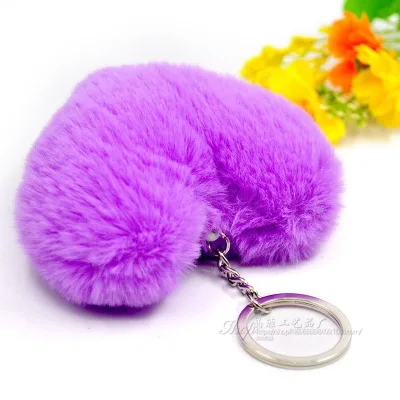 Fluffy pompom Keychain Gifts for Women Soft Heart Shape Pompon Fake Rabbit Key Chain Ball Car Bag Accessories Key Ring images - 6