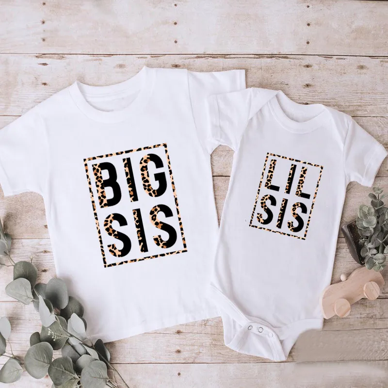 Big Sister Little Family Matching Outfits Clothes Fashion Leopard Print Kids T-shirts Girls T shirt Toddler Baby Rompers | Мать и ребенок