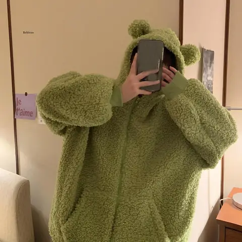 Autumn Winter Women Hoodies Kawaii Bear Ears Fashion Hoody Casual Pocket Solid Color Warm Plush Sweatshirt Hoodie For Women