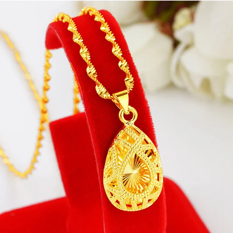 

24K Gold Necklaces for Women Girls Hollow Water Drop Pendant Necklaces Party Statement Engagement Wedding Gold Jewelry Gift