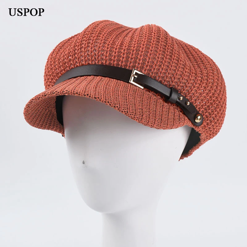 

USPOP Summer caps women octagonal hats breathable leather belt octagonal cap newsboy caps British vintage knitted berets