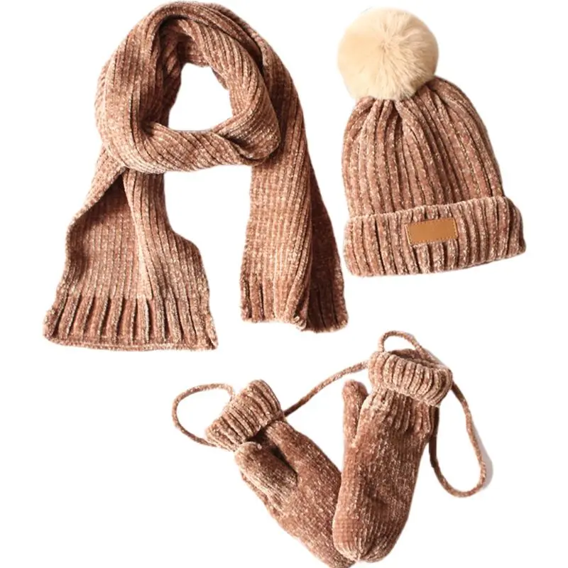 3 в 1 Дети зимние ребристая трикотажная теплая вязаная шапка с помпоном шарф
