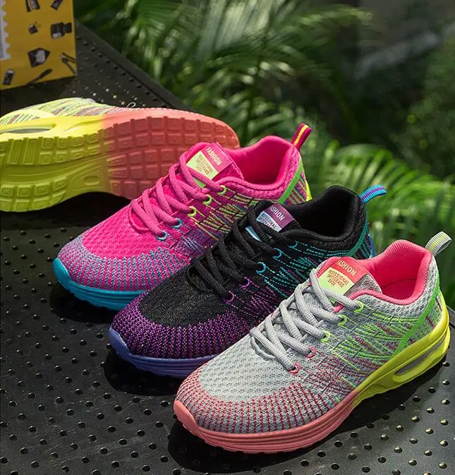 

Woman Air Sole Running Height Increasing Shoes Breathable Outdoor Walking Trainers Flying Weaving Colorful Sneakers Ladies C014