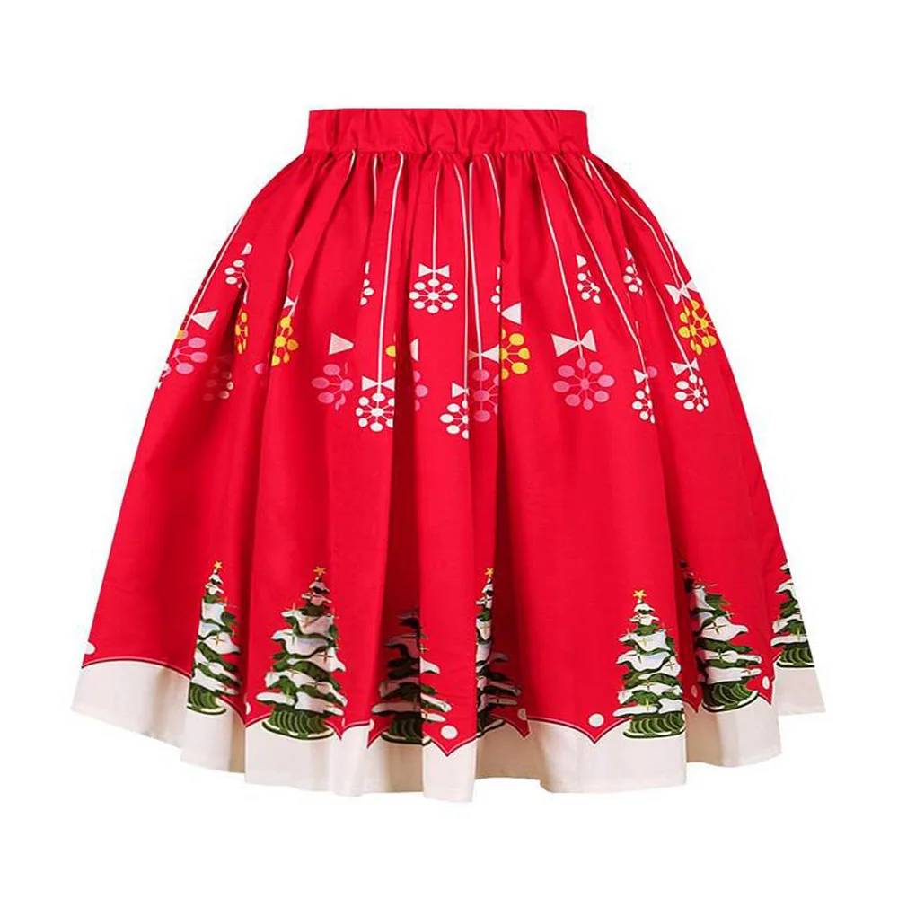 Vintage Flared A-Line Skirt Women Elastic High Waist Christmas Print Pleated Midi XMAS Retro Party Swing Skirts Womens | Женская одежда