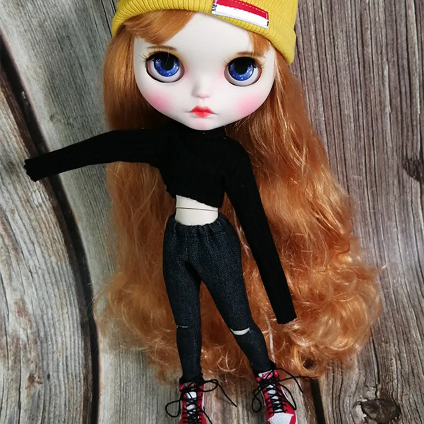Одежда для кукол Blyth, короткий топ с длинными рукавами, свитер+ джинсы с дырками+ шапка, костюм в стиле хип-хоп, подходит для кукол 1/6, 30 см, ICY BJD