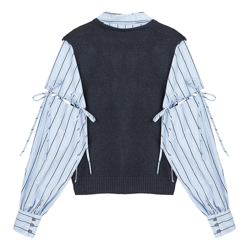 

[EAM] Women Dark Blue Striped Stitch Blouse New Lapel Long Sleeve Loose Fit Shirt Fashion Tide Spring Autumn 2021 1DC022