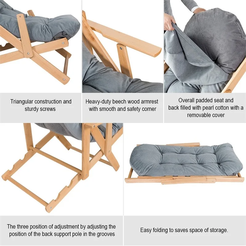 Складной лежачий стул из твердой бука три регулируемых кресла для отдыха от