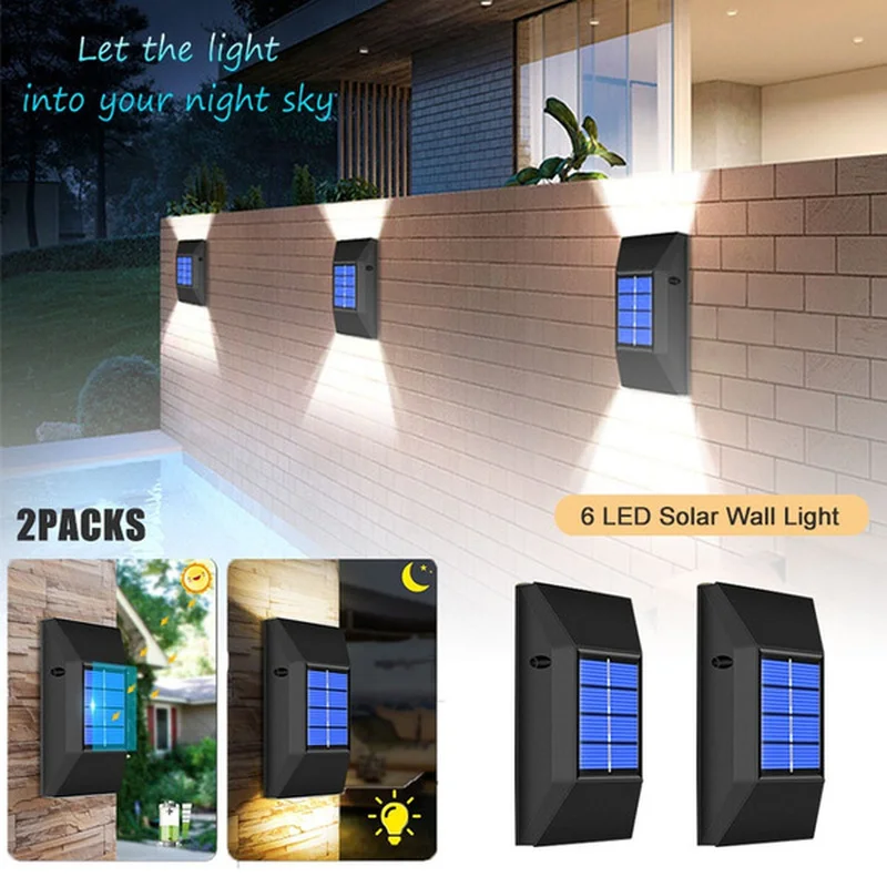 2 PACK 6LED Solar Wall Light IP65 Waterproof Solar Powered Lamp Outdoor Lighting for Garden Home Country Decoration