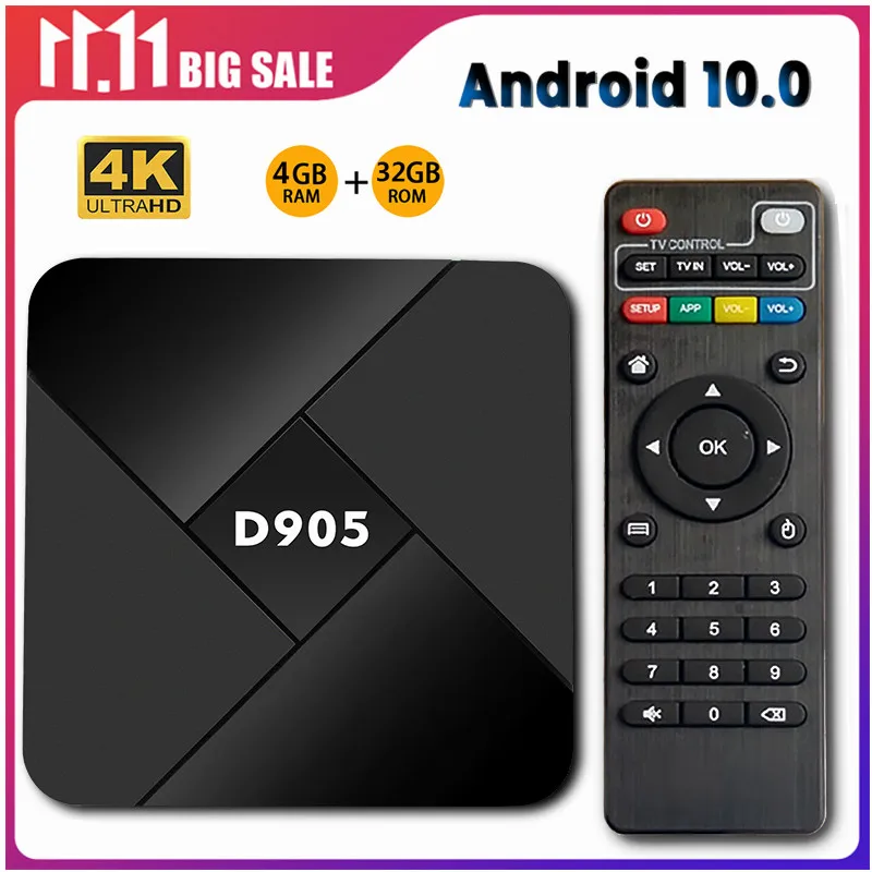 

Приставка Смарт-ТВ D905, Android 1000, Amlogic S905X, 4 + 32 ГБ, 2,4 Мбит/с