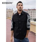 KUEGOU 2021, осенняя хлопковая черно-белая Повседневная рубашка с карманами и принтом, Мужская Модная приталенная рубашка с воротником и пуговицами, одежда с длинными рукавами, 20548