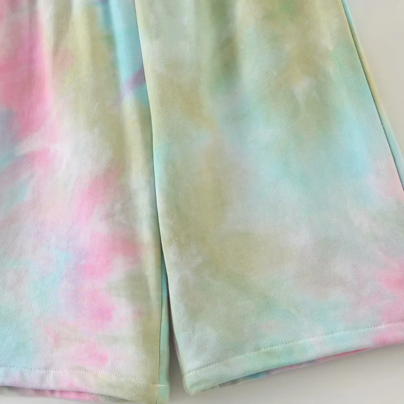 

Women All Match Tie Dye Wide Leg Five-point Caual Pants New High Waist Trousers Fashion Tide green Summer 2021 Z475