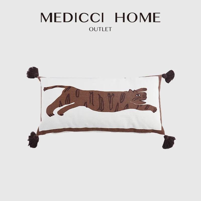 Medicci Home Antique Obling Pillow Cover Tribe Ethnic Style Brown Tiger Print Natural Canvas Bolster Cushion Case with Tassels