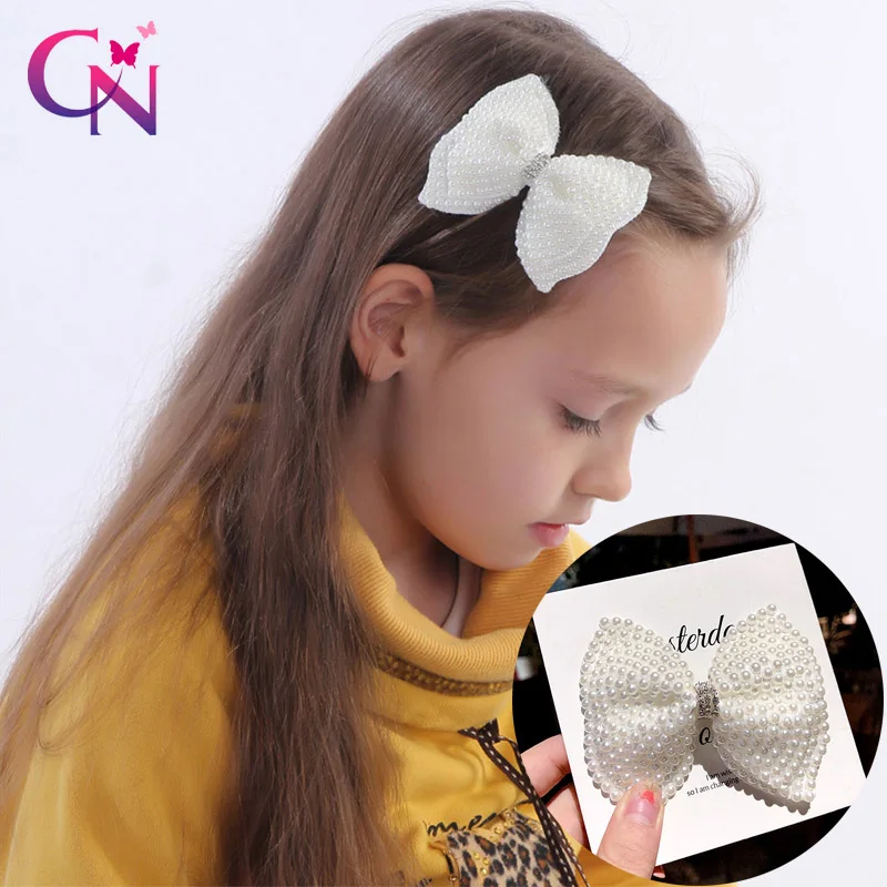 

CN White Pearl Hair Bows With Hair Clips For Girls Kids Boutique Layers Bling Rhinestone Center Bows Hairpins Hair Accessories