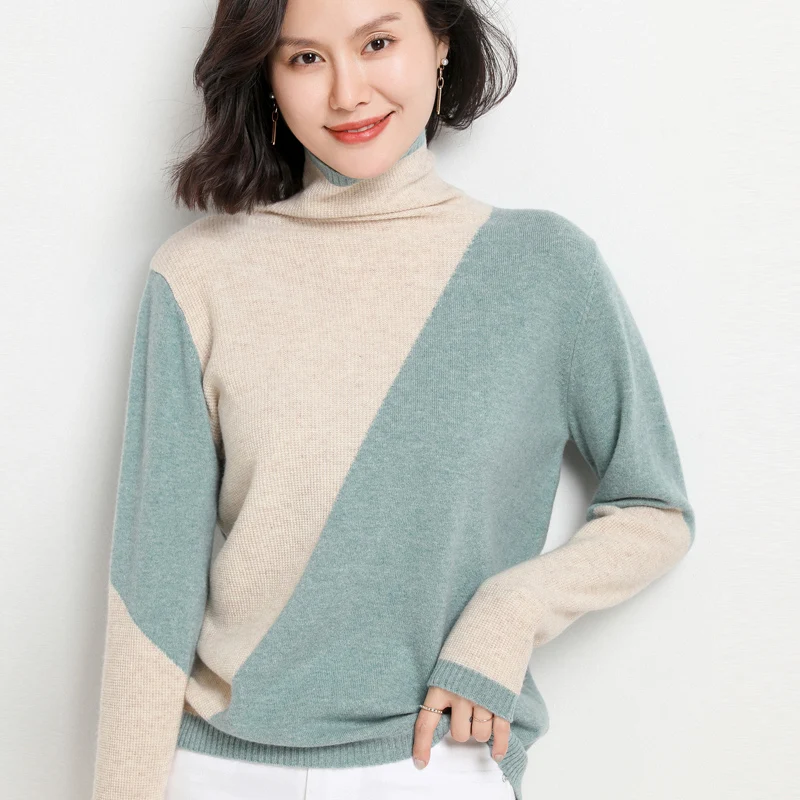 

Casual high-neck high-quality women's color-blocking full-sleeve knitted 100% pure wool sweater regular pullover Hot new product