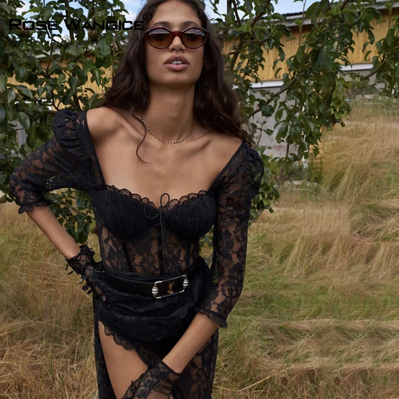 

Rose Wangice Elegant Square Collar Black Lace Women's Midi Dress Split See Through Club Party 2021 Summer Sundresses Clothes