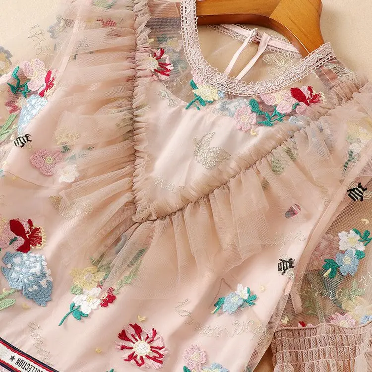 

ZIWWSHAOYU New Female Fashion Summer Mesh Midi Dress Womens Short Sleeve Embroidery Ruffles Elegant Vintage Vacation Dresses