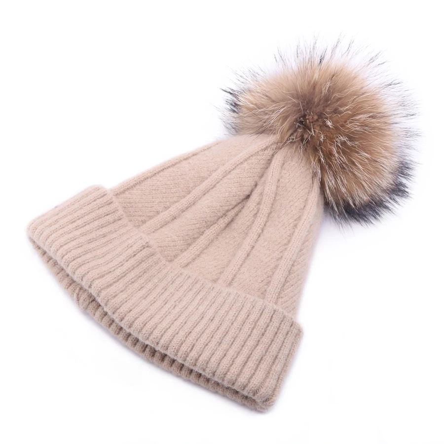 Зимняя женская вязаная шапка Skullies, Женская бини, шапка с настоящим помпон из лисьего меха, Роскошные плотные теплые уличные Лыжные шапки Gorro для девочек