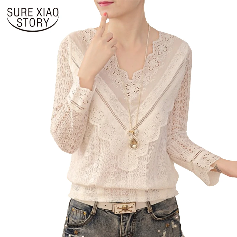 

2018 новая горячая распродажа Осенняя корейская мода элегантная кружевная женская блузка с v-образным вырезом с длинным рукавом Тонкая круже...