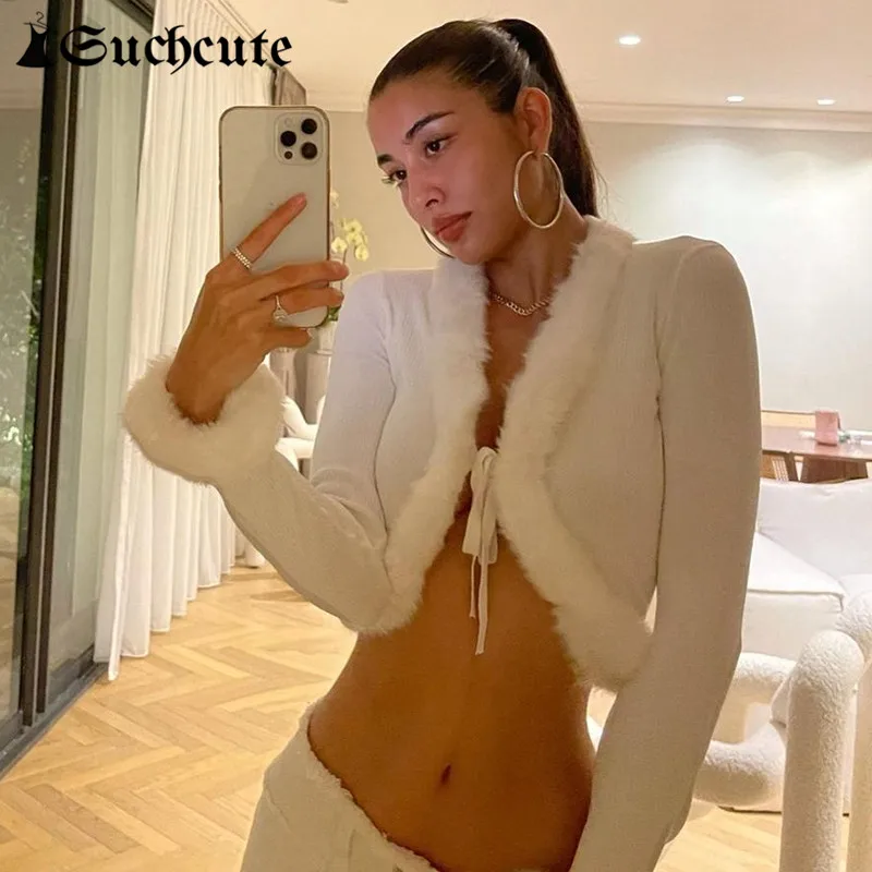

SUCHCUTE Cardigans Solid Aesthetic Women Cropped Tops Autumn Long Sleeve Sexy Bandage Zip Up Fur Knit Sweaters Streetwear
