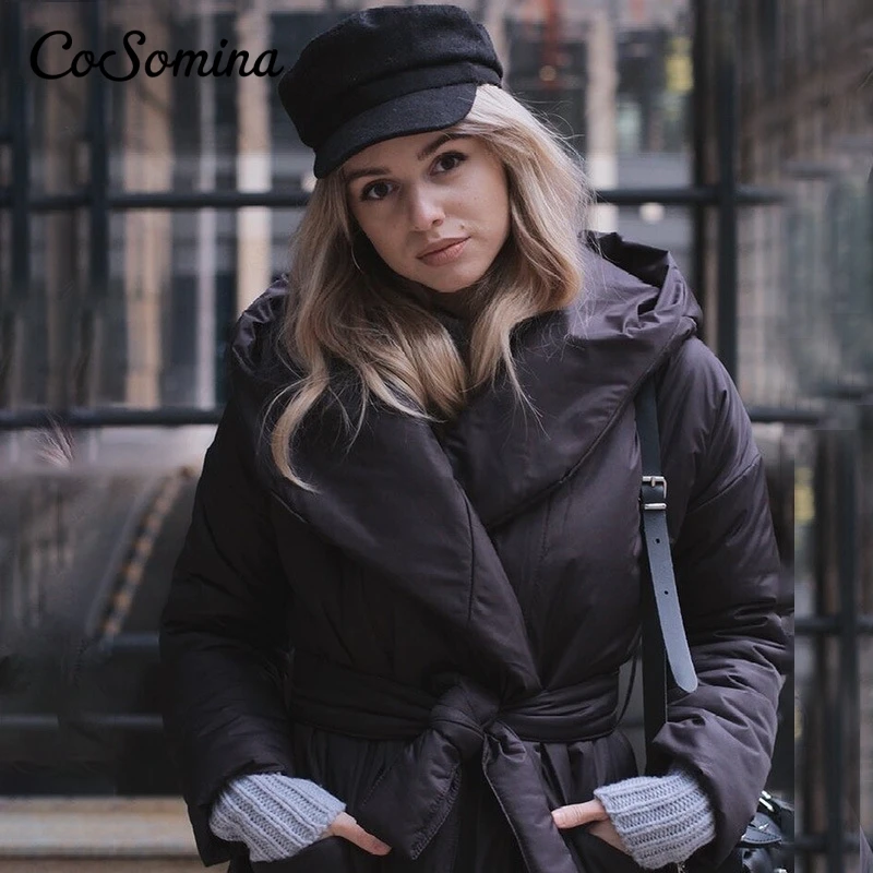 

CoSomina Hooded winter warm cotton coat elegant sashes Casual long female parkas Deep pockets tailored collar ladies outerwear