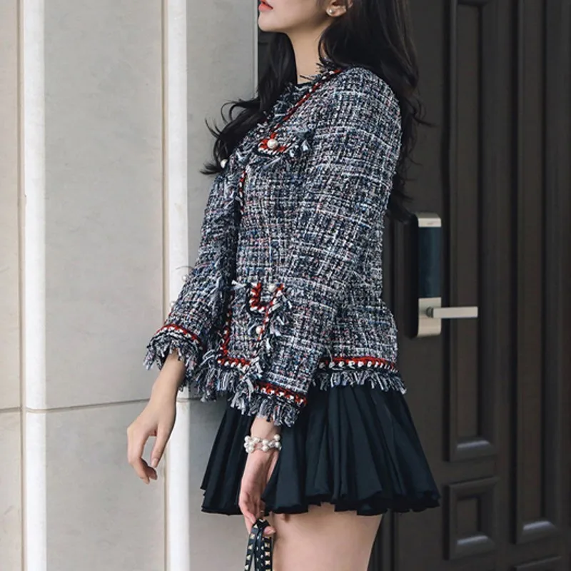 

High Quality Tweed Jacket Ladies 2020 Runway Coat Autumn Winter Women Tweed Jackets Coats Tassel Pearl Patchwork Top Overcoats