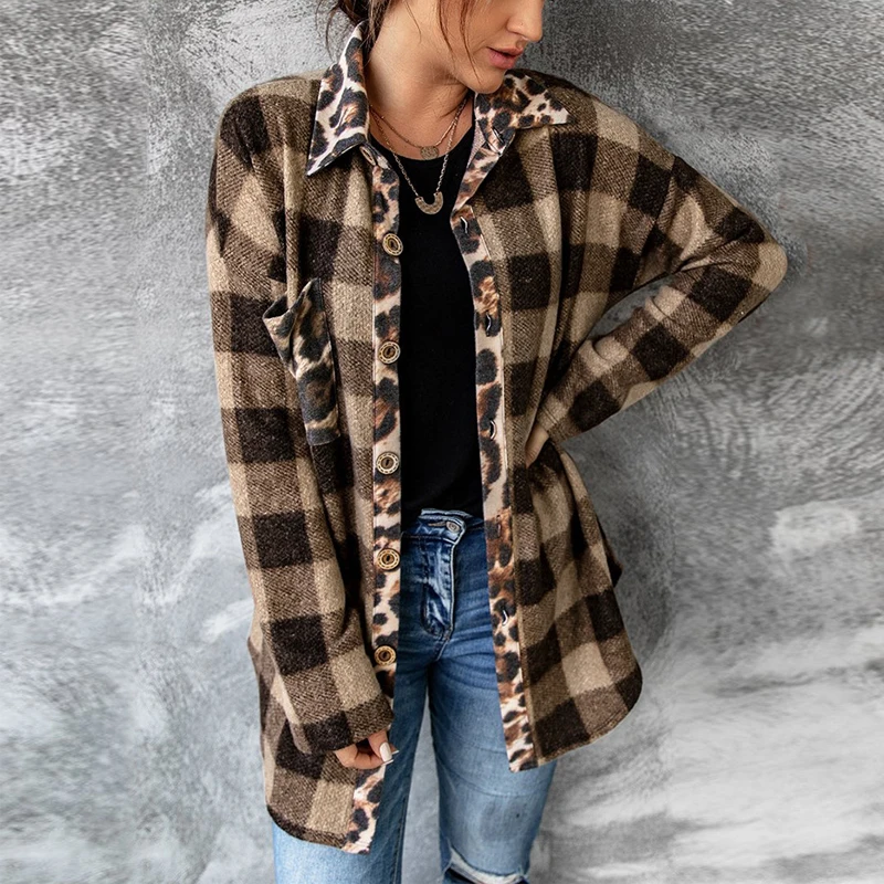 Женская однобортная Блузка в клетку с леопардовым принтом длинным рукавом и