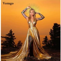 verngo sparkly goldsilver a line prom dresses criss cross straps side slit sweep train evening gowns