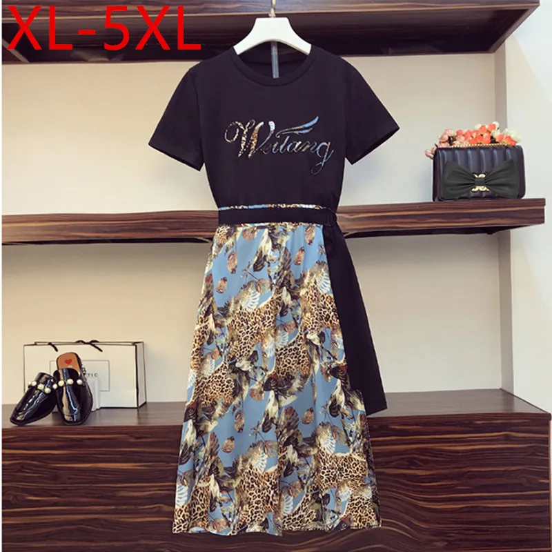 

5XL Plus Size 2021 Summer Two-piece Sets For Women Patchwork Black Shirt Dress +Asymmetric Chiffon Skirt Ladies Suits Outfit