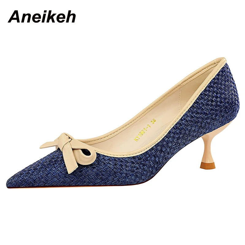 

Aneikeh NEWSpring/Autumn Women Shoes PU Thin Heels Pumps Pointed Toe Basic Butterfly-Knot Fashion Solid Office & Career Shallow