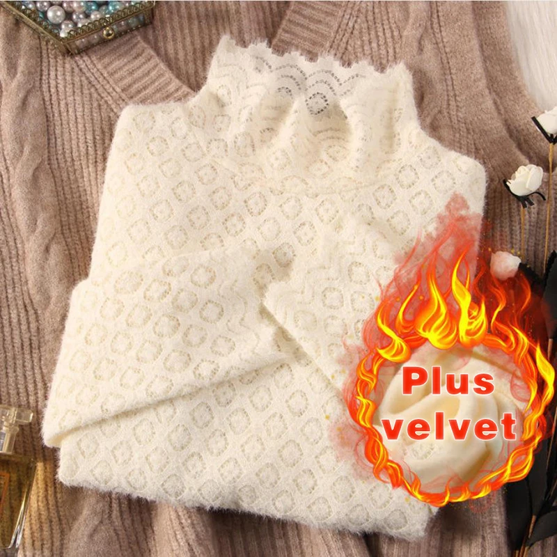 Женский бархатный пуловер с длинным рукавом утепленный кружевной высоким