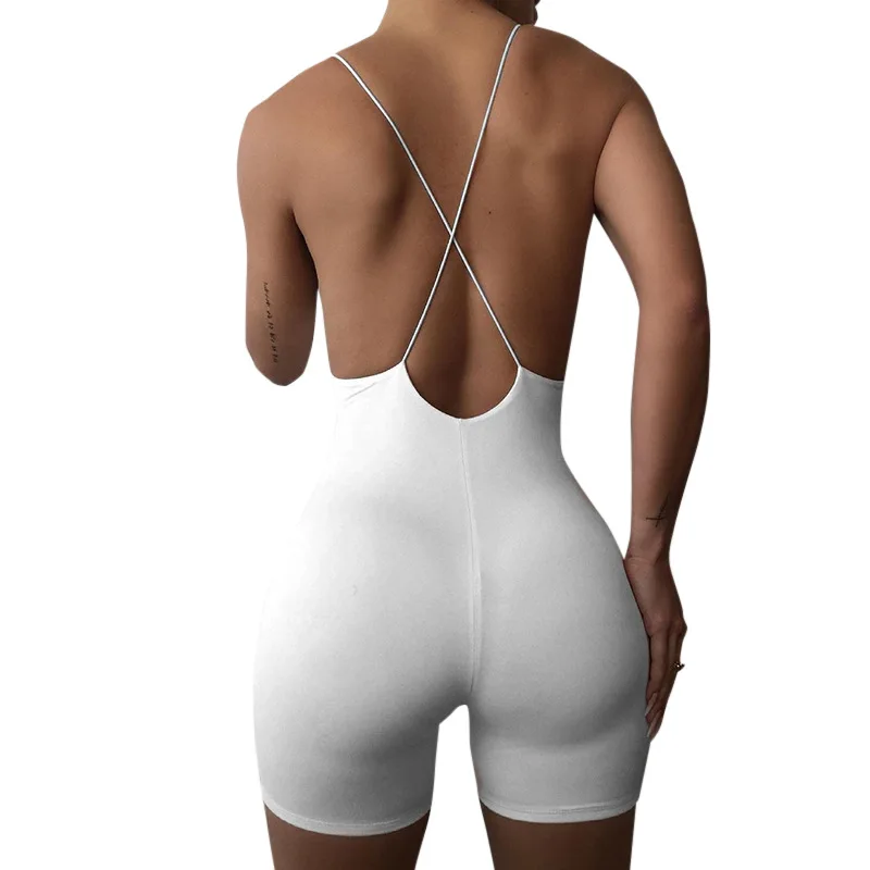 

2021 summer new solid color suspenders sexy backless tight shorts jumpsuit women