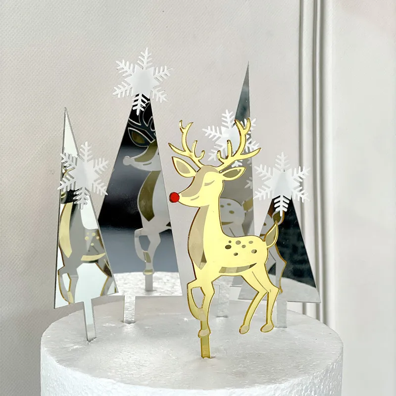 

Cake Topper Snowflake Christmas Tree Acrylic Merry Christmas Gold Elk Xmas Cake Topper for Family Xmas Party Cake Decoration