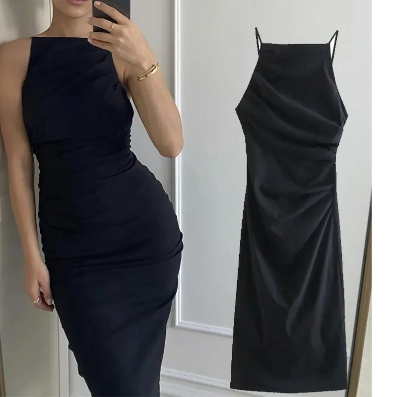 

Za Women 2022 Pleated Black Slip Dress Women Backless Ruched Spring Summer Dresses Sleeveless Slim Sexy Party Dress Elegant