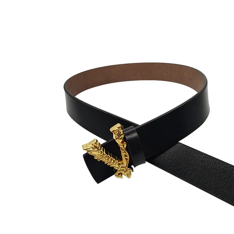 Split leather women belt gold plated V buckle 3.0cm wide belts solid cummerbunds