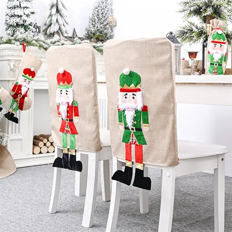 

1pc Christmas Decorative Chair Cover Walnut Soldier Pattern Chair Back Cover Seat Slipcover Christmas Supplies For Home