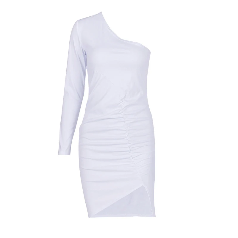 Винтажное женское платье на одно плечо с разрезом оборками облегающее