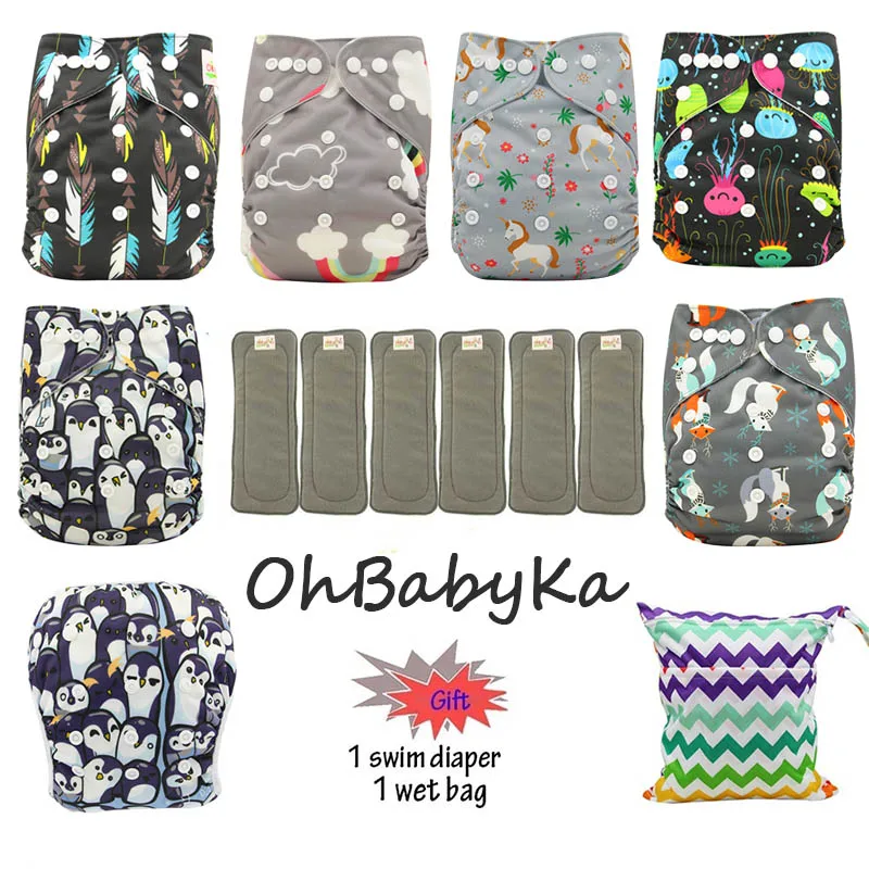 Ohbabyka водонепроницаемый детский карман пеленки Моющиеся Многоразовые подгузники из ткани детские подгузники 6 шт+ 6 шт микрофибры вставки+ 1 бесплатный подгузник мешок
