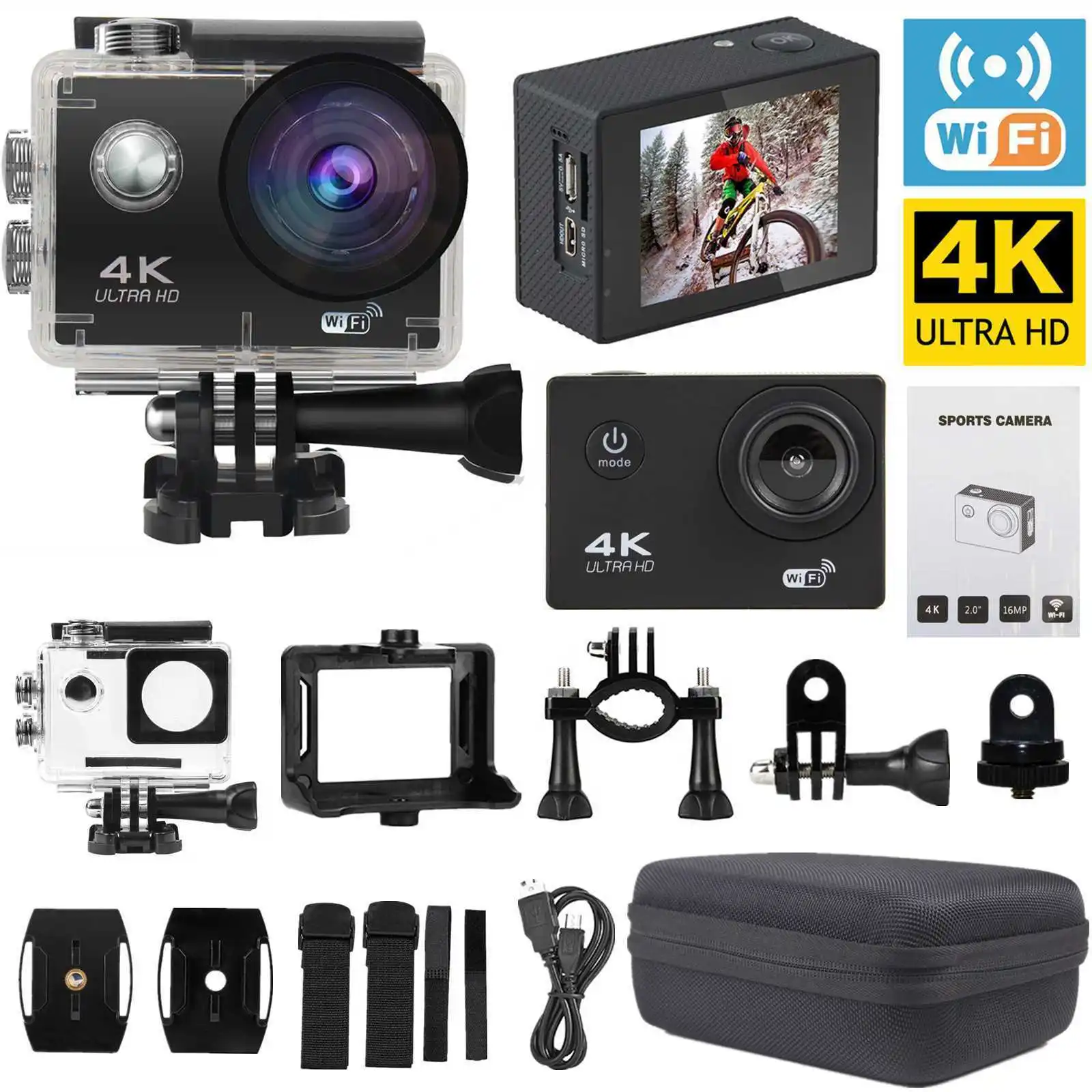 

4K 16MP Wifi экшн-камера 1080P 4K Ultra HD спортивная экшн-камера 30M Подводная Водонепроницаемая камера видеокамера с аксессуарами